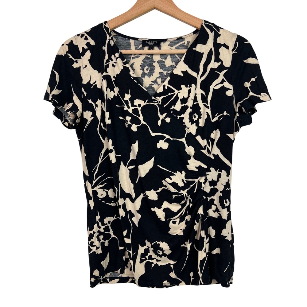 Talbots Petite Black Cream Floral Faux Wrap Top Surplice Short Sleeve MP Rayon